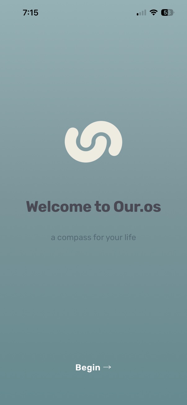The Our.os welcome screen: Welcome to Our.os, a compass for your life