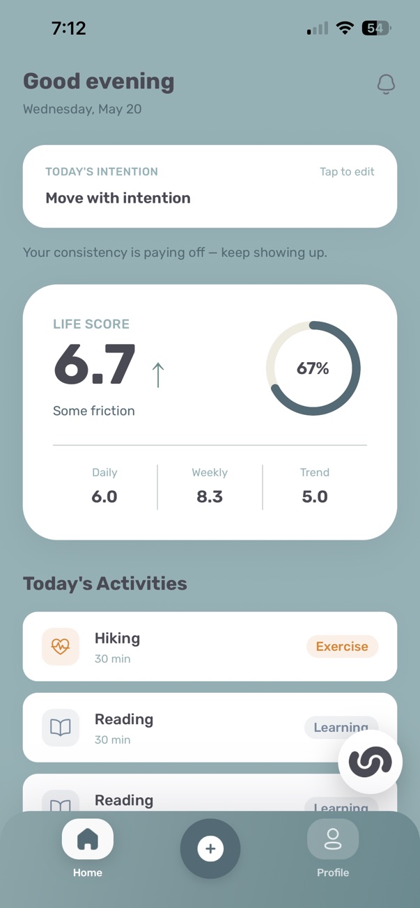 The Our.os home screen: the day's intention, a LIFE Score, and today's activities